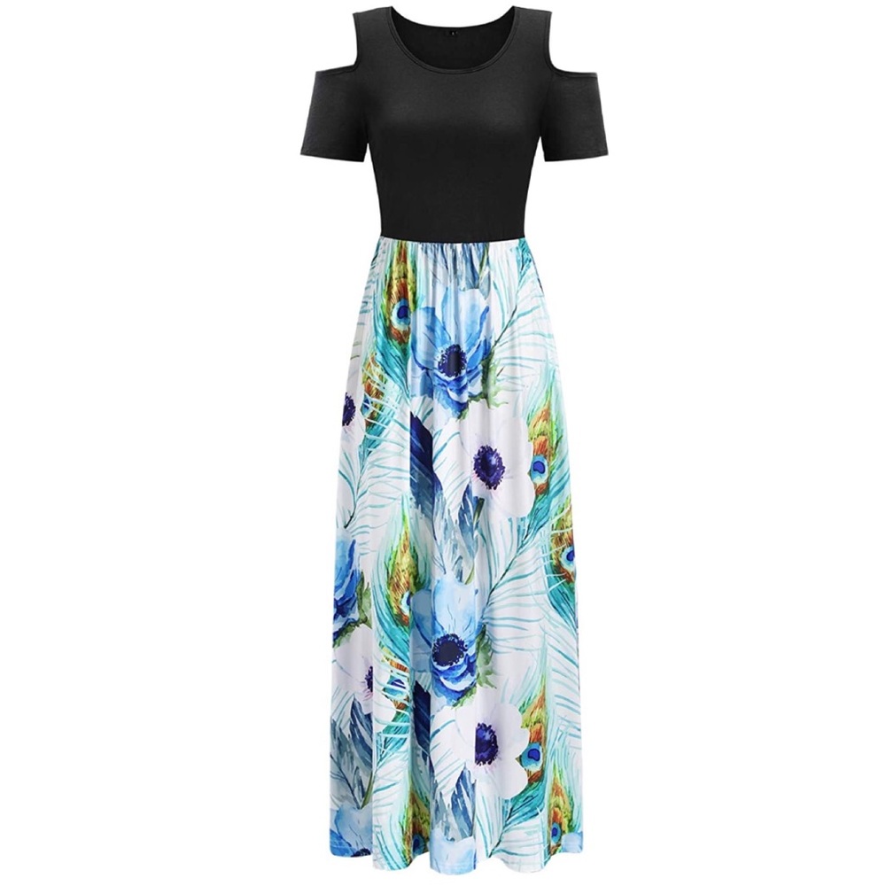 Cold Shoulder Floral Casual Long Maxi Dress Pocket - Picture 2 of 10